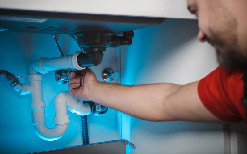 A plumber fixing the pipes under a sink